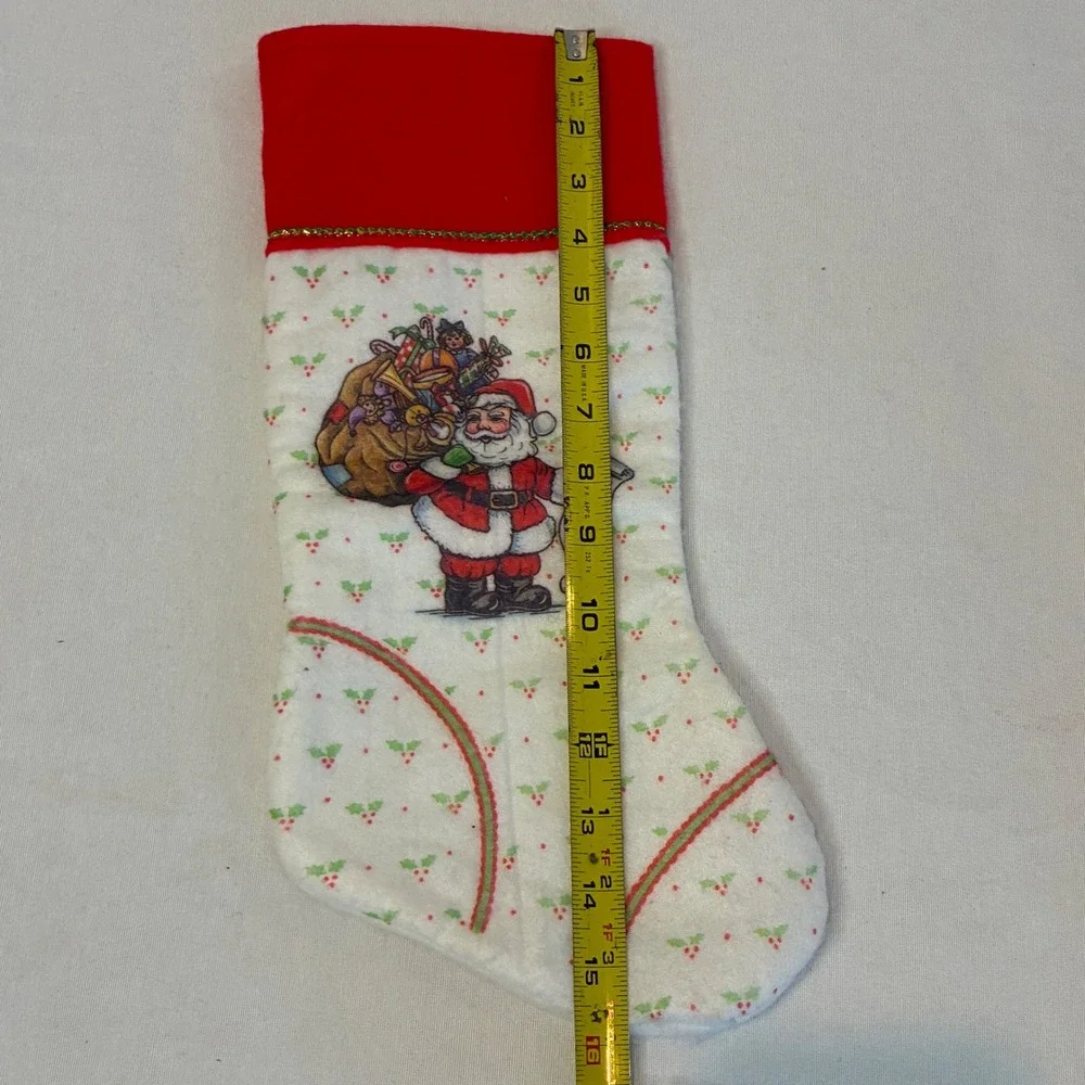 Vintage Christmas Stocking Santa Claus Holly Print Red Cuff Plush Holiday Decor‎ - Picture 3 of 4